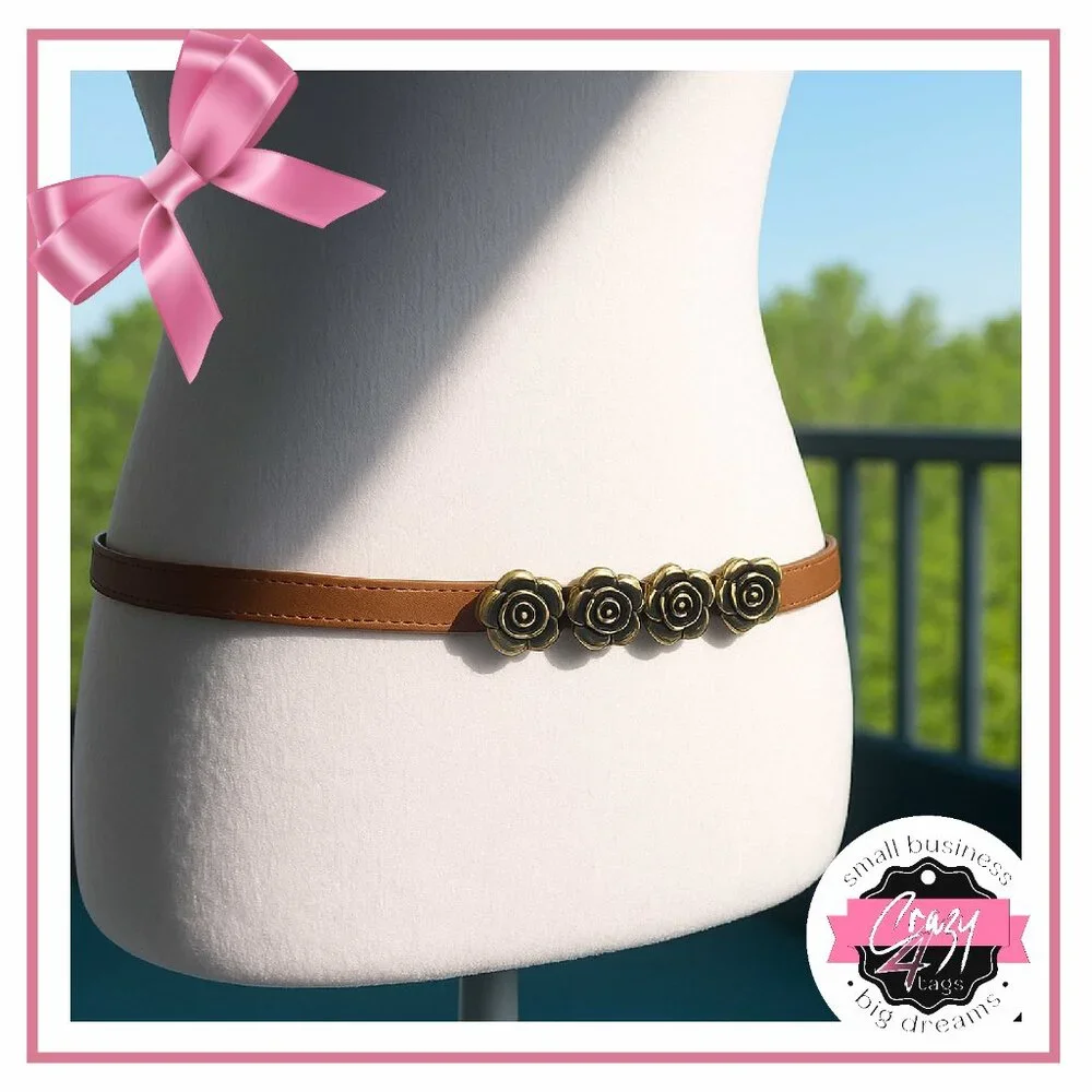 Brown Leather Adjustable Belt with Antique Gold Rose Buckle